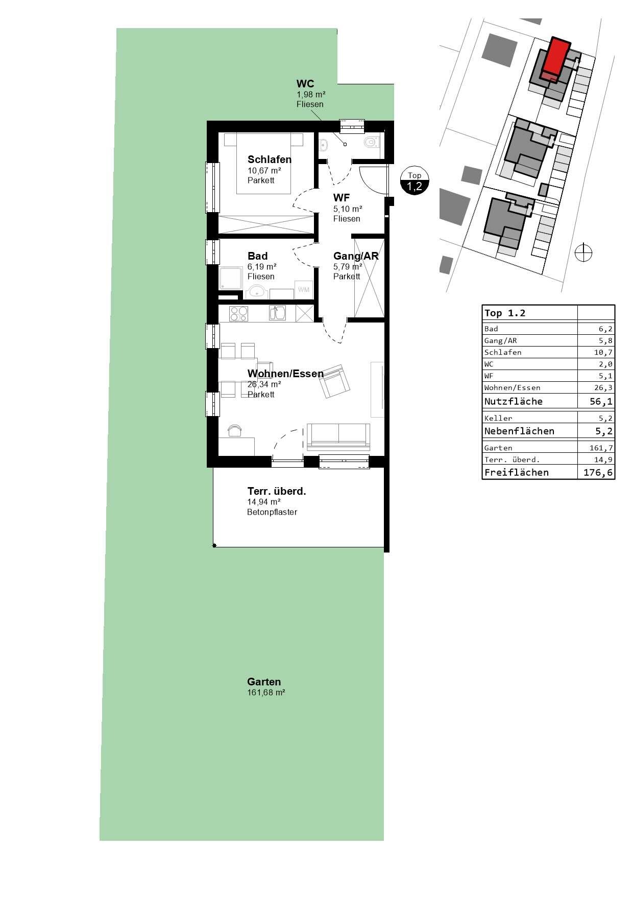 aGrundrissplan Haus 1, Top 2 mit Garten 56,1 m²_ 118_PRA-2 (002)